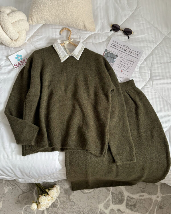 طقم صوف تنورة زيتي